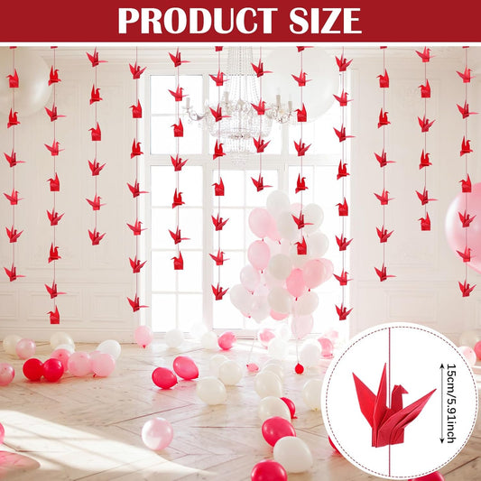 10 Pcs Paper Crane Hanging Garlands Premade Origami Cranes on String Kit Folded Bird Streamers for Japanese Asian Party Decorations Home Family Bridal Shower Supplies(Red) -