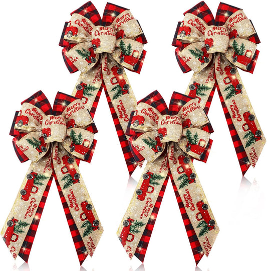 4 Pcs 10 x 18 Inch Christmas Buffalo Plaid LED Wreath Bow, Burlap Red Black Truck Pattern Lighted Bows, Xmas Tree Topper Ornaments Front Door Wall Stairs Decor for Indoor Outdoor Winter -