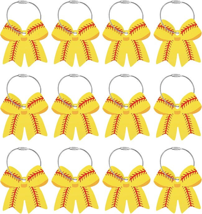 12 Pcs Softball Bow Luggage Tags, 2.75in Suitcase Labels with Metal Ring PVC Keychain DIY Name ID Card 3D Baseball Baggage Identifier Accessories Gifts for Men Women Girls Travel Bag - Hover Image