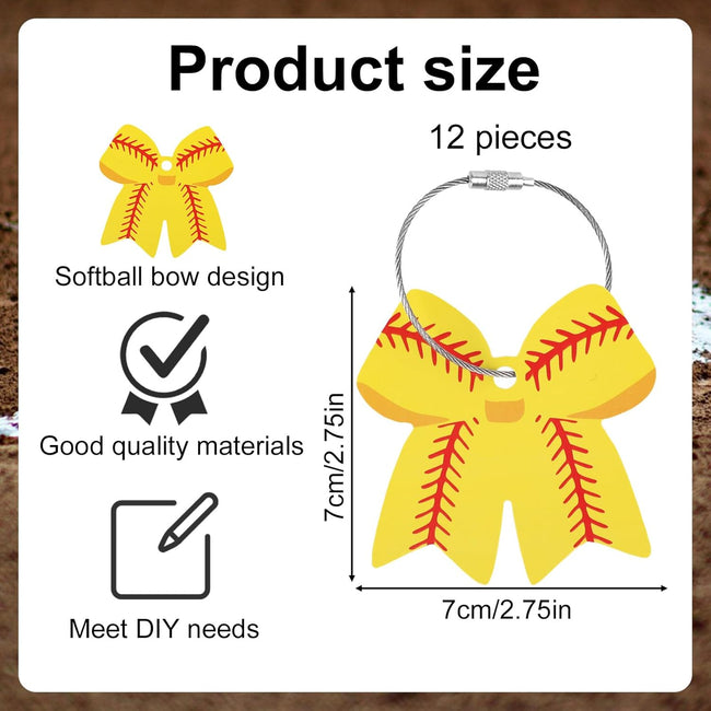 12 Pcs Softball Bow Luggage Tags, 2.75in Suitcase Labels with Metal Ring PVC Keychain DIY Name ID Card 3D Baseball Baggage Identifier Accessories Gifts for Men Women Girls Travel Bag - Main Image