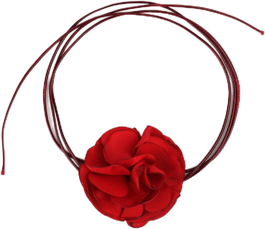 Vintage Flower Necklaces, Boho Floral Necklace Adjustable Fabric Rose for Women Girls Bride Wedding Party Birthday (Red) -