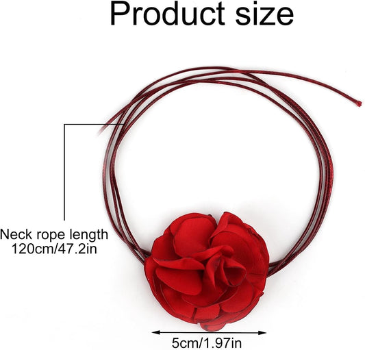 Vintage Flower Necklaces, Boho Floral Necklace Adjustable Fabric Rose for Women Girls Bride Wedding Party Birthday (Red) -