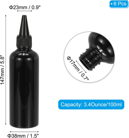 Plastic Applicator Bottle, 6 Pcs 3.4oz(100ml) Leak Proof Refillable Empty Dispenser Container Squeeze Bottle with Twist Top Cap for Hair Ink Liquid Sauces, Black -