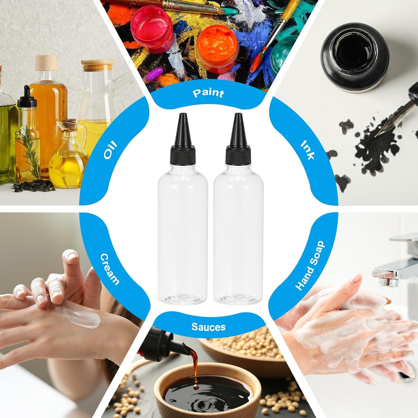 Plastic Applicator Bottle, 6 Pcs 3.4oz(100ml) Leak Proof Refillable Empty Dispenser Container Squeeze Bottle with Twist Top Cap for Hair Ink Liquid Sauces, Black -