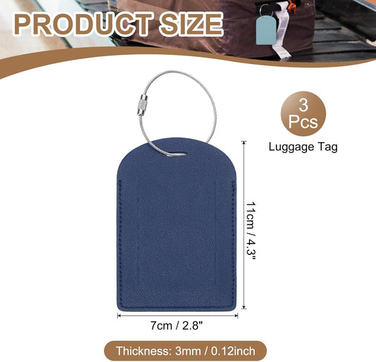 Suitcase Tags, Deep Blue Leather Luggage Name Tags Airplane Travel Essentials Business Trip Accessories with Private Protection for Hotel Check in Bags Men Women, 3 Pcs -