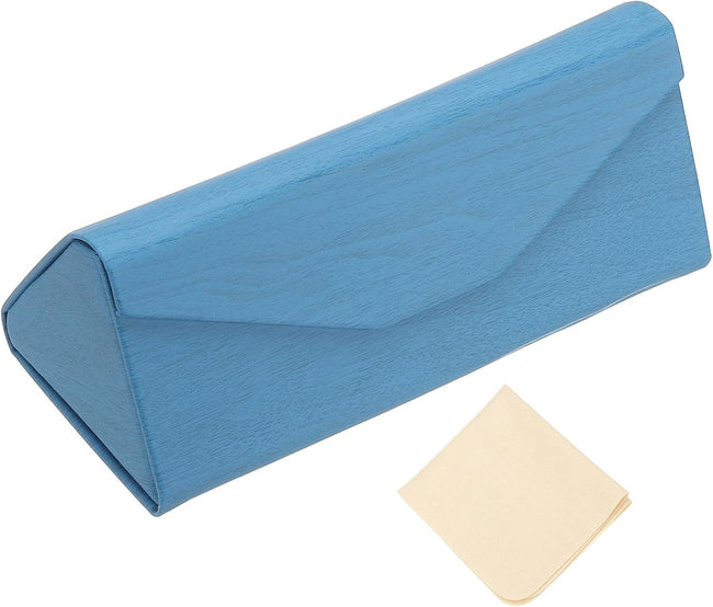 Foldable Glasses Case, Triangle Magnetic Sunglasses Organizer Case PU Leather Hard Eyeglass with Cloth Bright Blue - Hover Image