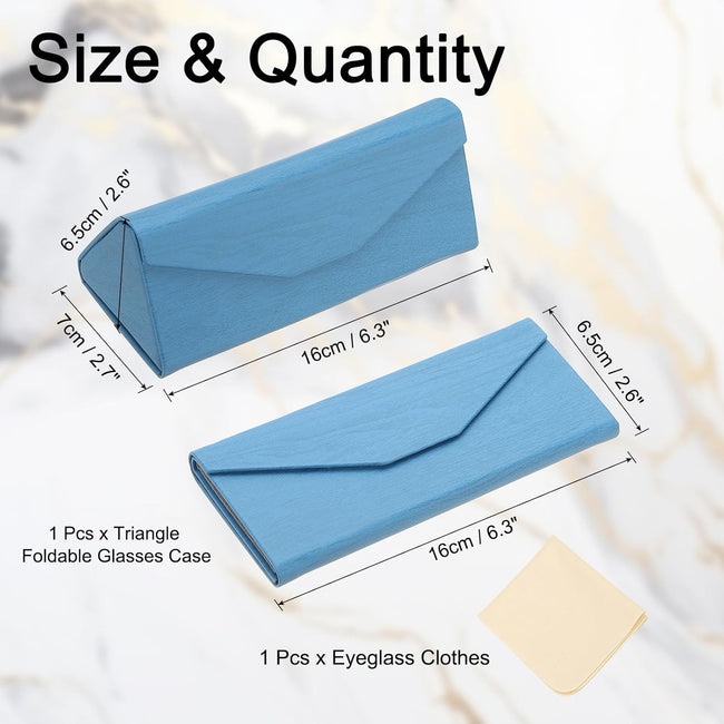 Foldable Glasses Case, Triangle Magnetic Sunglasses Organizer Case PU Leather Hard Eyeglass with Cloth Bright Blue - Main Image
