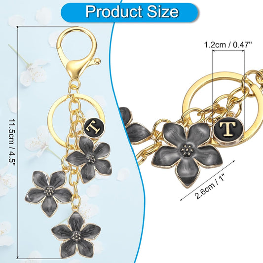 Initial Letter Flower Keychain, Alphabet Drip Oil Charm Cherry Blossom Keyring Keys for Birthdays Black -