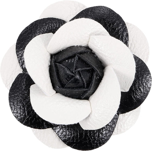 Flower Hair Clips, Camellia Hairpin Floral Brooches Pin Handmade Leather Brooch for Lady Bridal Women Hat Dress Black White -