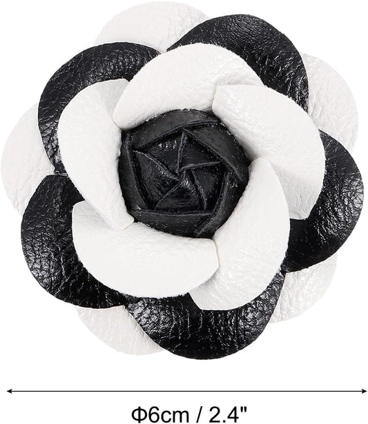 Flower Hair Clips, Camellia Hairpin Floral Brooches Pin Handmade Leather Brooch for Lady Bridal Women Hat Dress Black White -