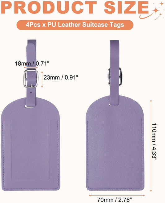 4Pcs Luggage Tags, Colored Labels PU Leather Suitcase Tag with Stainless Steel Loop Privacy Cover Name ID Address Card for Baggage Bag Backpacks Handbag, Purple -