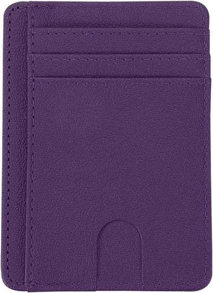 Minimalist Slim Wallet, Leather Front Pocket RFID Blocking Wallet Credit Card Holder Money Clip with ID Window for Men & Women, Dark Purple -