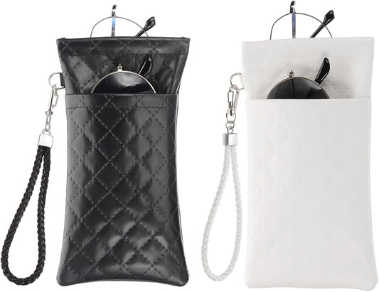 Double Eyeglasses Case, 2 Pcs Leather Soft Glasses Cases Portable Sunglasses Pouch Organizer with Strap Black/White -