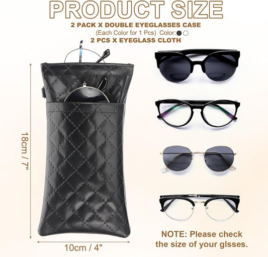 Double Eyeglasses Case, 2 Pcs Leather Soft Glasses Cases Portable Sunglasses Pouch Organizer with Strap Black/White -