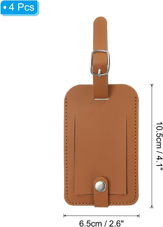 4 Pack Luggage Bag Tags, PU Leather Suitcase Name Tags with Snap Travel Label Identifier Privacy Protection Accessories, Brown -