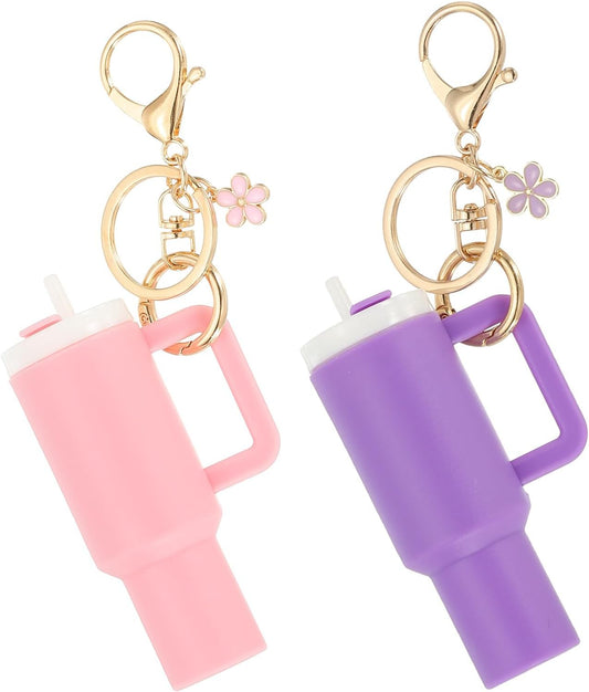 Mini Tumbler Keychain, 2Pcs Cute Cup Keychain Lip Balm Holder Charm Purse, Flower Pink, Dark Purple -