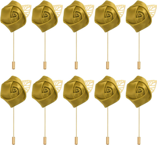 Rose Boutonnieres, 10 Pack Groom Wedding Boutonnieres Pocket Handmade Flower Lapel Pin for Men Ceremony Party Prom, Gold -