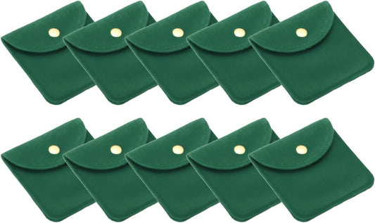 8x8cm Jewelry Pouches with Snap Button, 10 Pack Velvet Portable Soft Storage for Necklace Bracelet Earring Watch Rings Brooch, Dark Green