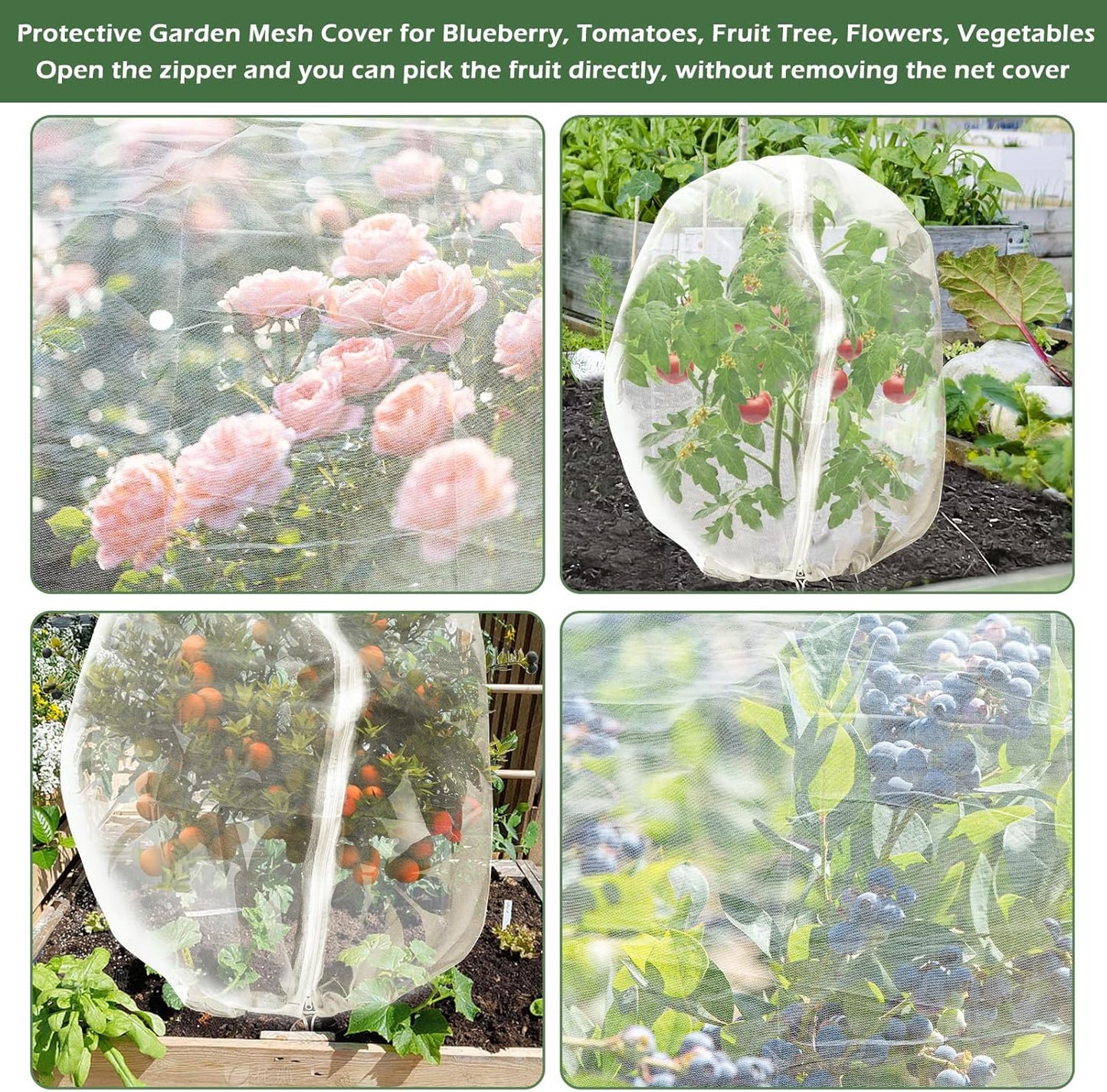 3Pcs Plant Covers from Insects, Bird Netting Barrier for Blueberry Bushes with Drawstring Zipper Mesh Garden Fruit Tree Bags Plants Net Cage Protect Tomato Vegetable Citrus, 3.3×5Ft - 3.3×5Ft/ 3pcs/