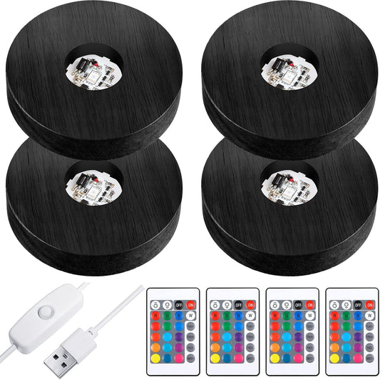 4 Pieces Wood LED Display Light Base Crystal Stand Remote Control Round 16 Lighting Modes Wooden Lighted Holder Colorful Pedestal for Glass Resin Ball(Black) black -