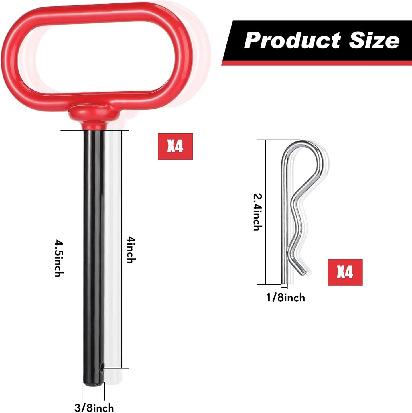 4 Pcs 3/8 x Inch Handle Hitch Pin for Tractor Trailer and Clip Tow Accessories Farm,Tractor,Turn Mower, Towing Cargo, Boat, RV, Car, Truck, Bike, ATV(Red) Red -