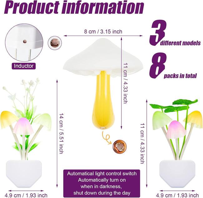 8 Pcs Mushroom Night Light 7 Color Changing Lights LED Lamp Plug into Wall Sensor Cute Plant for Bedroom, Bathroom, Stairs, Toilet, Hallway, Kitchen - Main Image