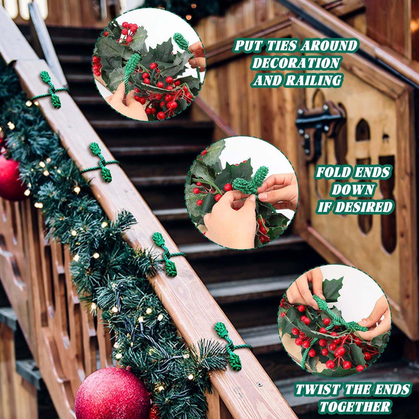 20 Pcs Christmas Inches and 16 Set Decorative Garland Twist Ties Decor for Xmas Holiday Lights Bannisters Stairways Railings (Green) Green -