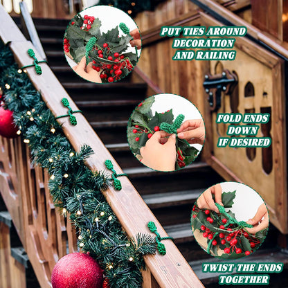 20 Pcs Christmas Inches and 16 Set Decorative Garland Twist Ties Decor for Xmas Holiday Lights Bannisters Stairways Railings (Green) Green -