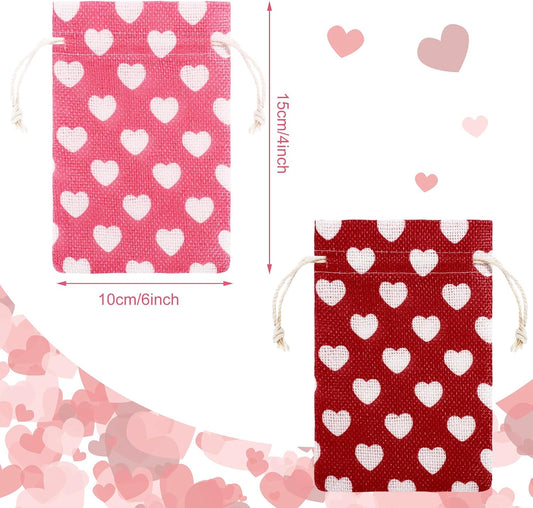 24 Pieces Valentine's Day Burlap Bag with Drawstring Linen Heart Red and Pink for 4 x 6 Inches Party Favor Gift Bags Packing Storage Pouch -