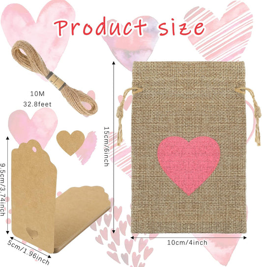 24 Pieces Valentine‘s Day Heart Burlap with Drawstring Present Bags 4 x 6 Inch Mini Rustic Pouches Small Party Favor Tags and Rope for Wedding, Party, Bridal Shower -