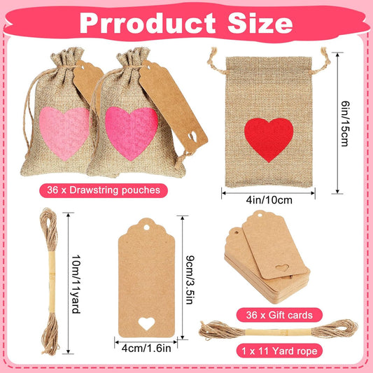 36 Pcs Valentine's Day Burlap Gift Bags with Drawstring Heart 6x4 In Party Favor Bag Mini Rustic Pouches Wedding Tags and Rope for Valentine Bridal Shower(Cute, Burlap) -