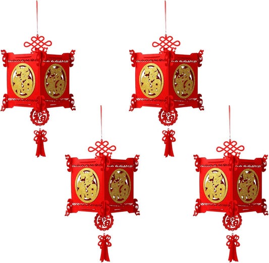 4 Pieces Chinese New Year Lantern Decoration 2026 Lunar Lanterns Lucky Red Fu 3D Puzzle Traditional for Spring Festival Restaurant Celebration(17.7 x 10 Inches,Square) Square 17.7 Inches