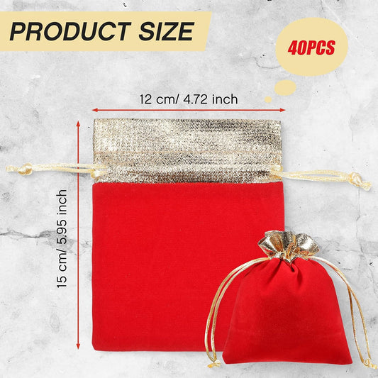 40 Pieces Christmas Velvet Jewelry Bags with Drawstrings Mini Pouches Golden Soft Velour Packaging for Candy Present Wedding(4.7 x 5.9 Inch,Red Golden) -
