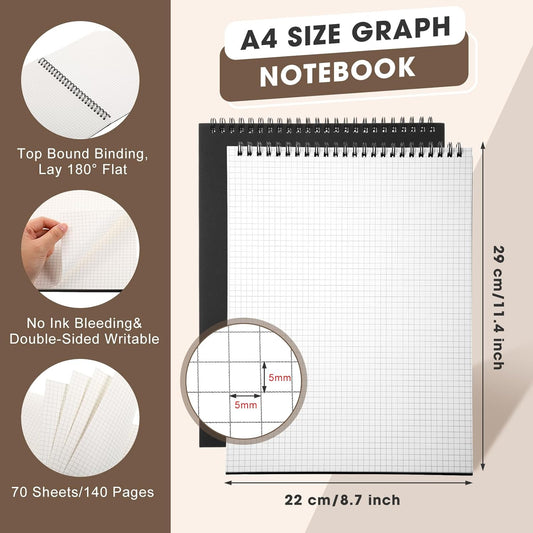 2 Pack Top Spiral Graph Paper Notebooks 8.7 X11.4 Inch A4 Grid Notepad 70 Sheet Memo Steno Pad for Engineering Writing Sketching Drawing School Office Supplies (Black) Black -