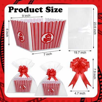 6 Pack Movie Night Gifts Baskets Plastic Popcorn Box Containers with Bags and Bows for Holiday Lover Teacher Appreciation Birthday Party Favors DIY Kits - 9 x Inch