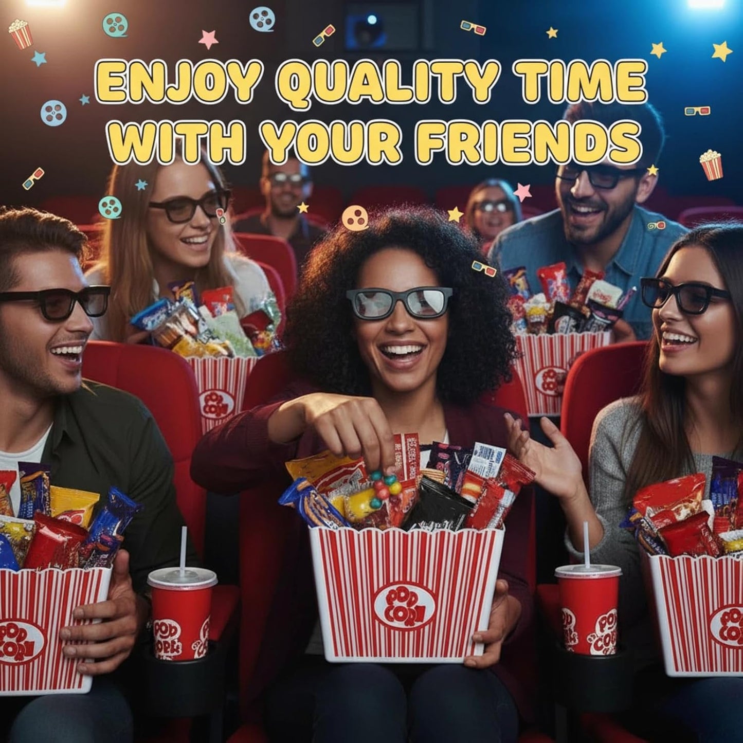 6 Pack Movie Night Gifts Baskets Plastic Popcorn Box Containers with Bags and Bows for Holiday Lover Teacher Appreciation Birthday Party Favors DIY Kits - 9 x Inch