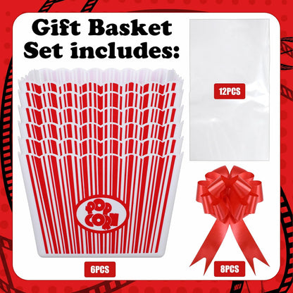 6 Pack Movie Night Gifts Baskets Plastic Popcorn Box Containers with Bags and Bows for Holiday Lover Teacher Appreciation Birthday Party Favors DIY Kits - 9 x Inch