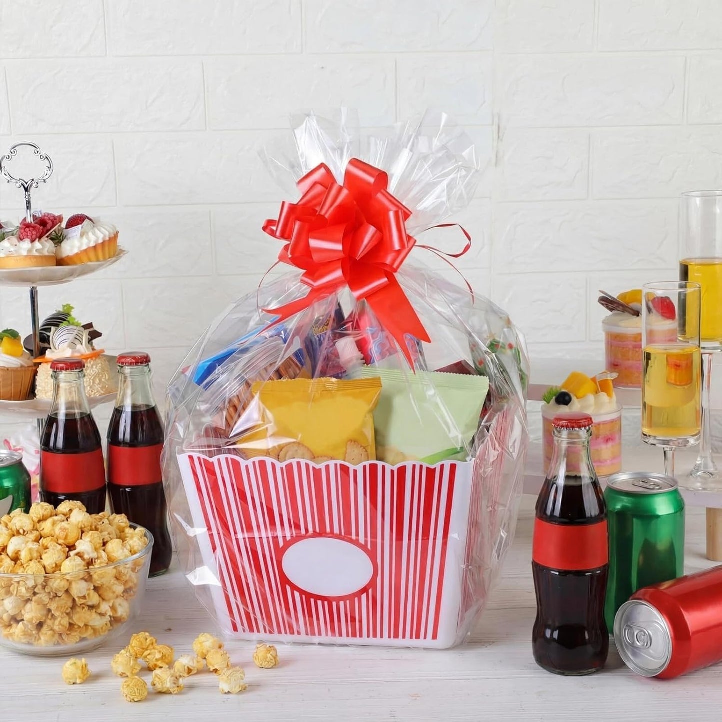6 Pack Movie Night Gifts Baskets Plastic Popcorn Box Containers with Bags and Bows for Holiday Lover Teacher Appreciation Birthday Party Favors DIY Kits - 9 x Inch