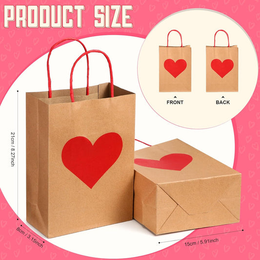 150 Pcs Valentines Day Gift Bags Candy Goodie with Handles Heart Love Paper Wrapping Kraft for Galentines Gifts Packing Party Favors -
