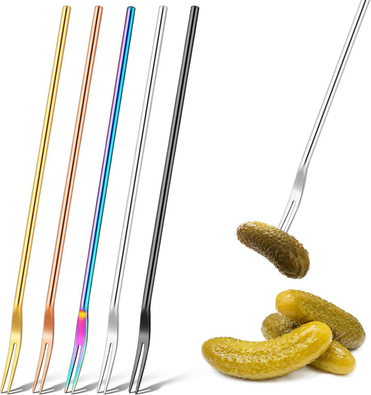5 Pcs Pickle Fork, 8.66 Inches Long Handle Olive Fork 304 Stainless Steel Picker Grabber Tool for Jar Cocktail Dessert Fruit, 2 Prong(Multicolor) Multicolor -