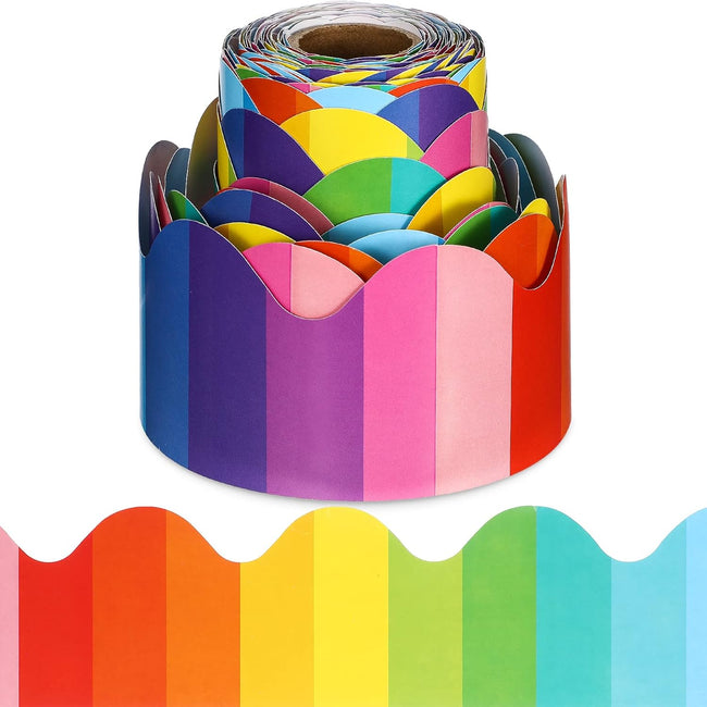 Colorful Bulletin Board Borders Rainbow Scalloped Roll Trim Confetti Border Decoration for Classroom Chalkboard Preschool Daycare Kindergarten Office Decor(Rainbow,1 Roll) - Hover Image