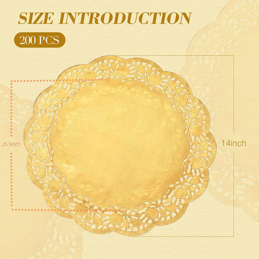200 Pcs Doilies Lace Paper 14 Inches Disposable Foil Placemats Large Round Pad for Cakes Crafts Wedding Birthday Party Decoration(Gold) Gold -