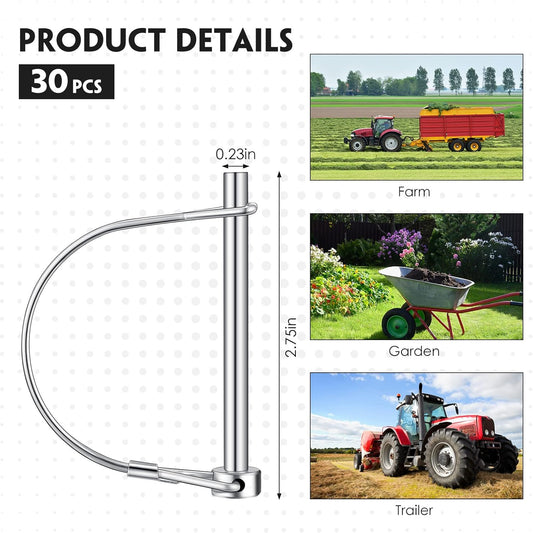 30 Pcs Trailer Hitch Pin Lock, 2-3/4" x 1/4" Pto Shaft Locking Safety Coupler Pin, Carbon Steel, Arch, Heavy Duty, for Farm Trailers, Towing, Wagons, Lawn Equipment and Hitches -