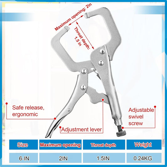 6 Pcs Inch Locking C Clamp Original Lock Regular Tips Plain adjustable Alloy Steel for Woodworking Carpentry Welding Electrical Equipment, Silver -