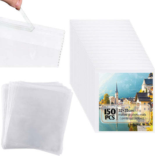 150 Pcs 12 x Inch Clear Cellophane Plastic Bags Self Adhesive Cello Bag Scrapbook Paper Cardstock Organizer Resealable Sleeves for Art Cloth Invitation Card Photo Record Party Favor Gift -