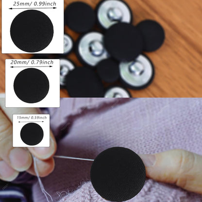 25pcs Satin Fabric Cloth Covered Buttons Metal Shank Round for Women Suit DIY Sewing Gowns Jeans Jackets Coats Shirts Wedding Dresses Handmade Crafts (Black, 15mm) black 15mm