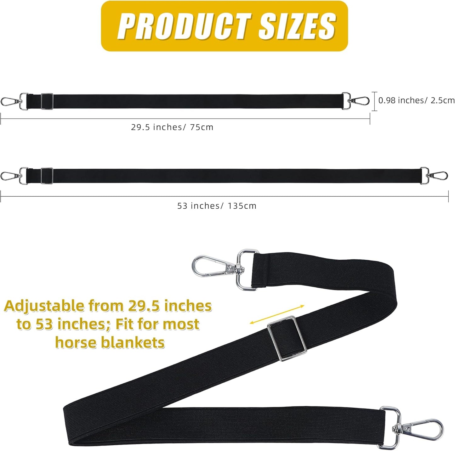 Horse Blanket Leg Straps, Elastic Belly Replacement Straps with Metal Double Swivel Snaps, 4 Pieces, Adjustable Length from 25.5" to 51"