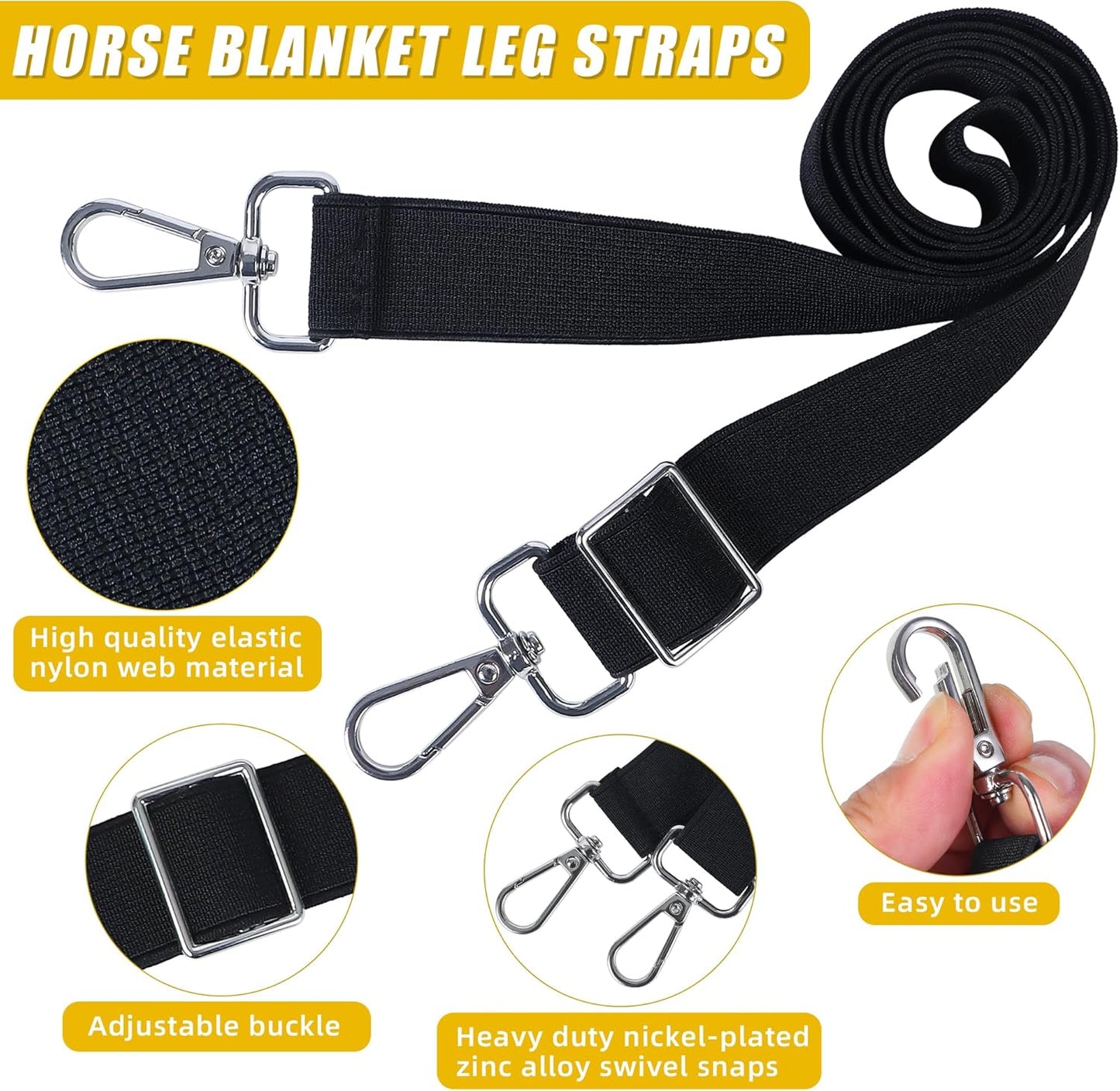 Horse Blanket Leg Straps, Elastic Belly Replacement Straps with Metal Double Swivel Snaps, 4 Pieces, Adjustable Length from 25.5" to 51"