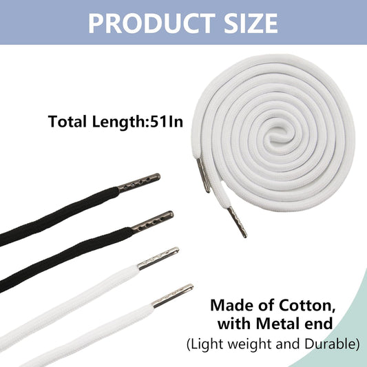 2Pcs 51 Inch Cotton Drawstring Cord Replacement Drawstrings for Sweatpants and Shorts，Universal Hoodies，Premium Hoodie String Replacement，with Easy Metal Threader.（Black+White Black+white