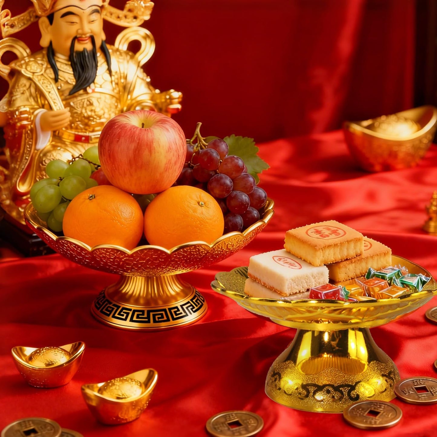 Buddhist Offering Plate Tray base with Golden Lotus Design - Serving for Fruit Offering, Home Dining,Temple Rituals( 2-Pack Base) 2PCS Base